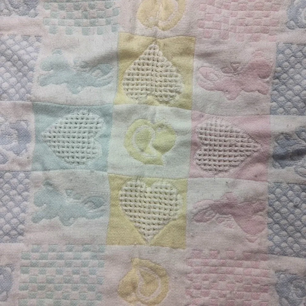 Vtg Pastel Tapestry Baby Blanket Fringe Pink‎ Blue Yellow Green Bear 1 2 3 A B C